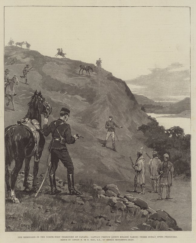 Upproret i det nordvästra territoriet i Kanada, kapten French (dödad sedan dess) tar tre indianska spioner till fånga. av Sidney Paget