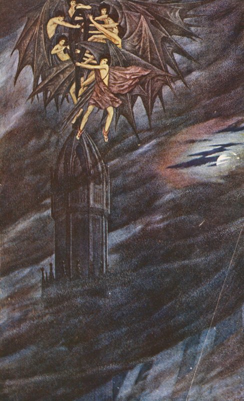 Den gyllene legenden: Lucifer och hans änglar (färglitografi) av Sidney Meteyard