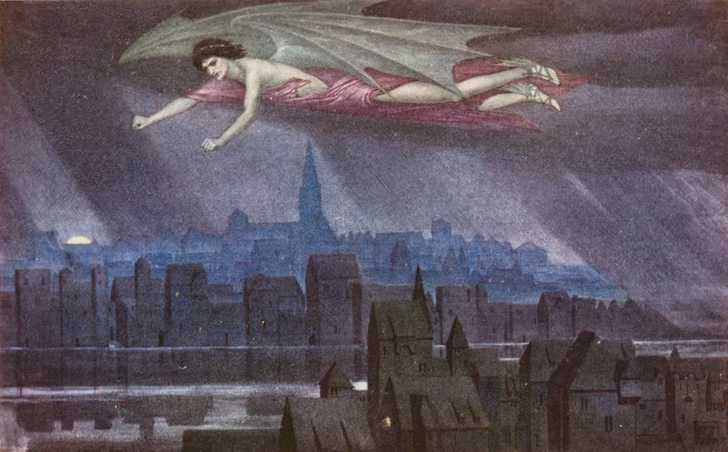 Den gyllene legenden: Lucifer flyger över staden (färglitografi) av Sidney Meteyard