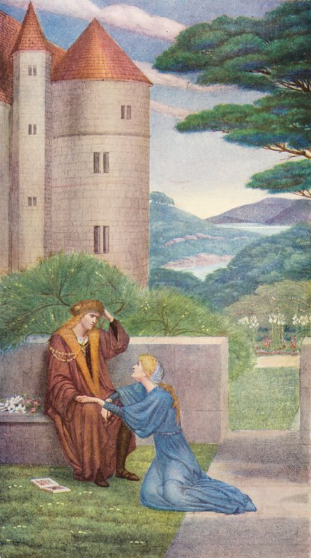 Den gyllene legenden: Prinsen och Elsie i trädgården (färglitografi) av Sidney Meteyard