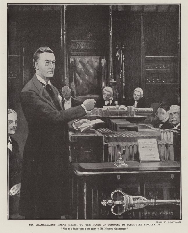 Joseph Chamberlains tal om boerkriget i underhuset den 2 augusti 1901 (litho) av Sidney Paget