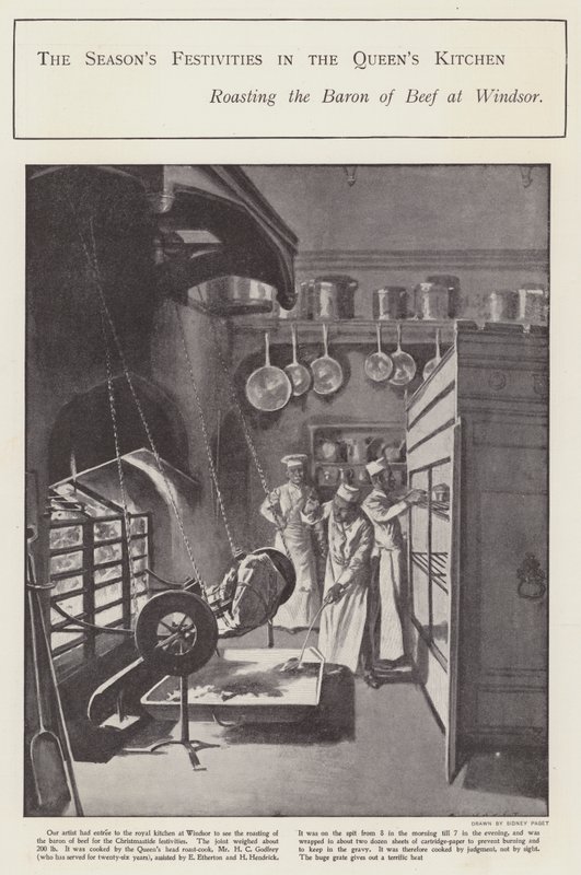 Säsongens festligheter i drottningens kök (litho) av Sidney Paget
