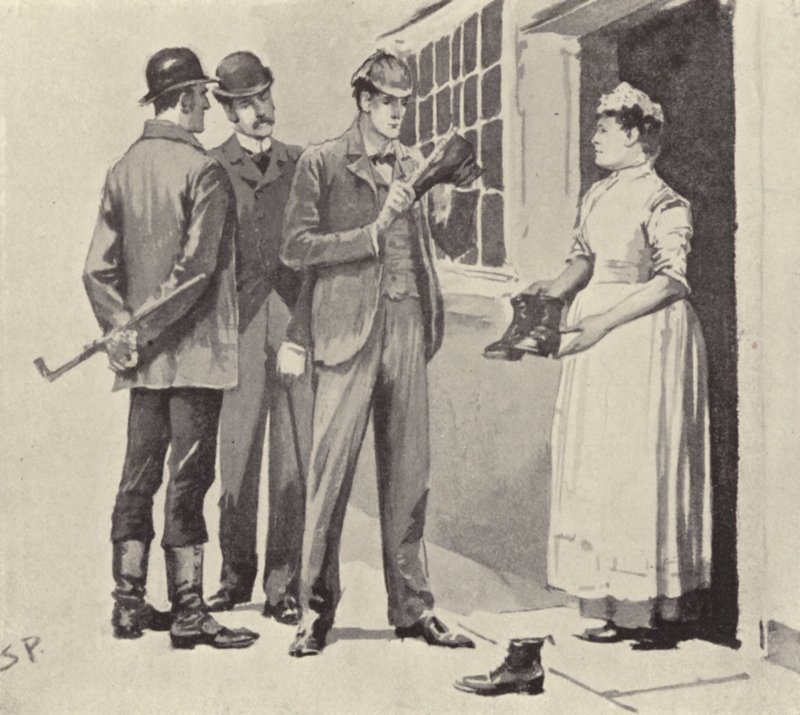 Hembiträdet visade oss stövlarna: scen från Sherlock Holmes-berättelsen The Boscombe Valley Mystery, av Arthur Conan Doyle (litho) av Sidney Paget