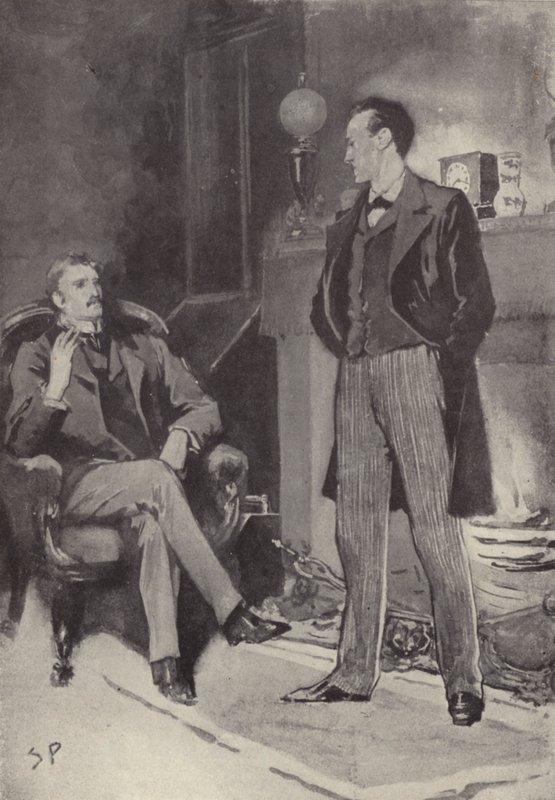 Sedan stod han vid elden: scen från Sherlock Holmes-mysteriet A Scandal in Bohemia, av Arthur Conan Doyle (litho) av Sidney Paget