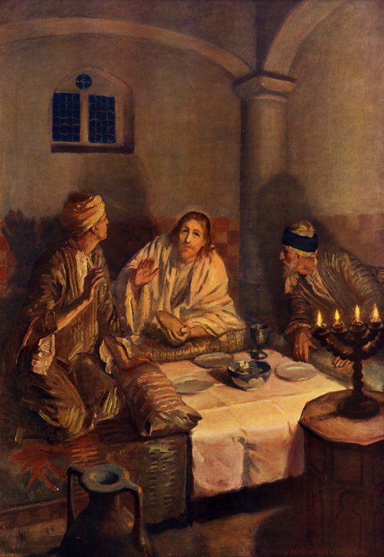 Resan till Emmaus (färg litho) av Simon Harmon (after) Vedder