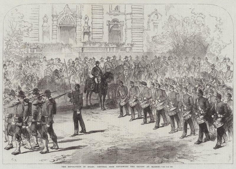 Revolutionen i Spanien, General Prim granskar trupperna i Madrid av Sir John Charles Robinson
