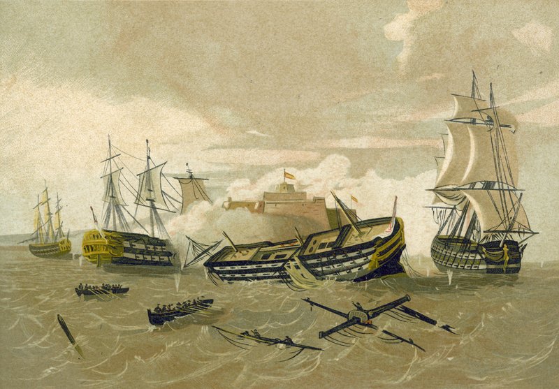 Brittisk flotta anfaller Castillo del Morro, Kuba, 1761 av Spanish School