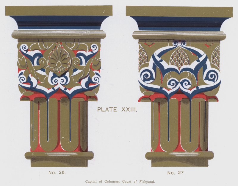 Columns Capital, Court of Fishpond (färg litho) av Spanish School