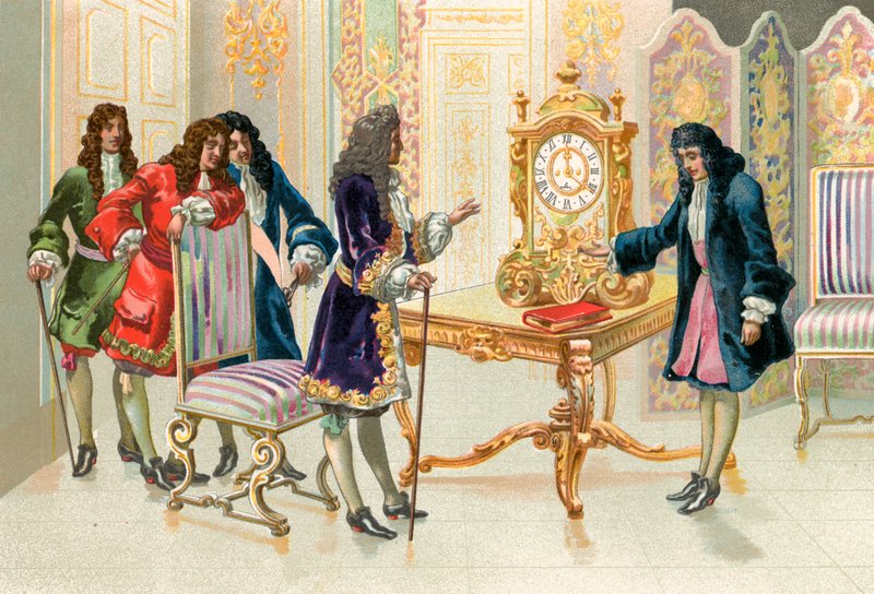 Christiaan Huygens presenterar pendelklockan för Ludvig XIV av Spanish School