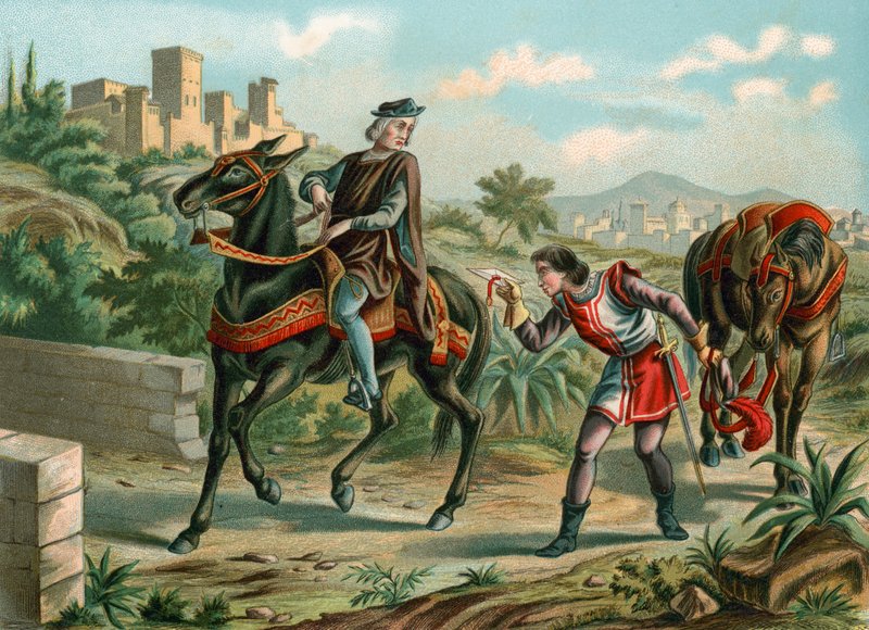 Columbus får ett meddelande från drottningen som accepterar hans förslag av Spanish School
