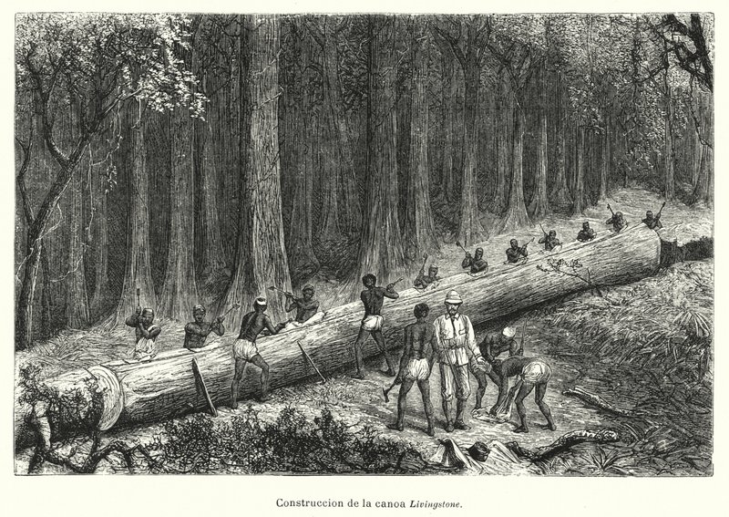 Konstruktion av kanoten Livingstone, Kongo (litho) av Spanish School