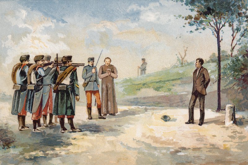 Avrättning av den republikanske revolutionären Froilan Carvajal, Spanien, 1869 genom skjutningsgrupp av Spanish School