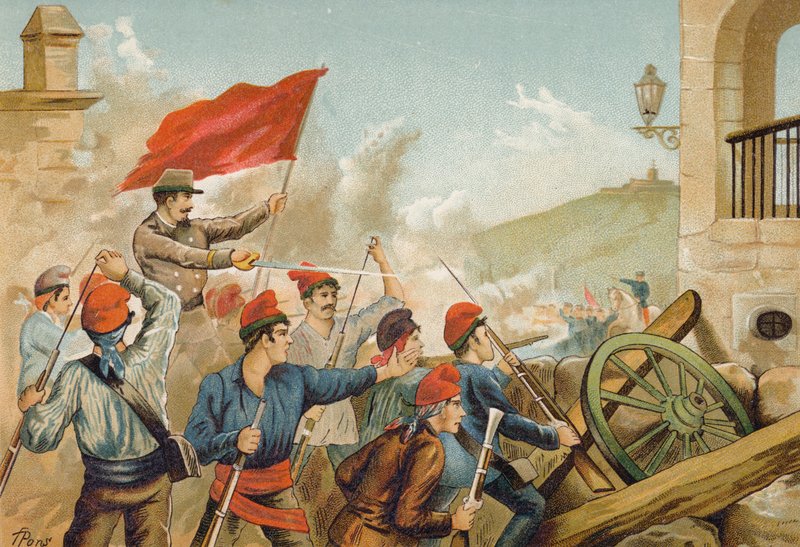Strider mellan republikanska frivilliga och soldater, Sarria, Barcelona, 1874 av Spanish School