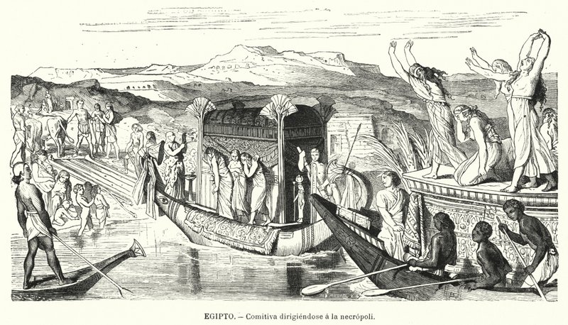 Begravningsfest på väg till en begravningsplats i det antika Egypten (litho) av Spanish School