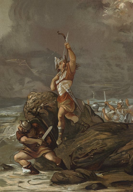Galler som skjuter pilar mot himlen i ett försök att stilla en storm av Spanish School