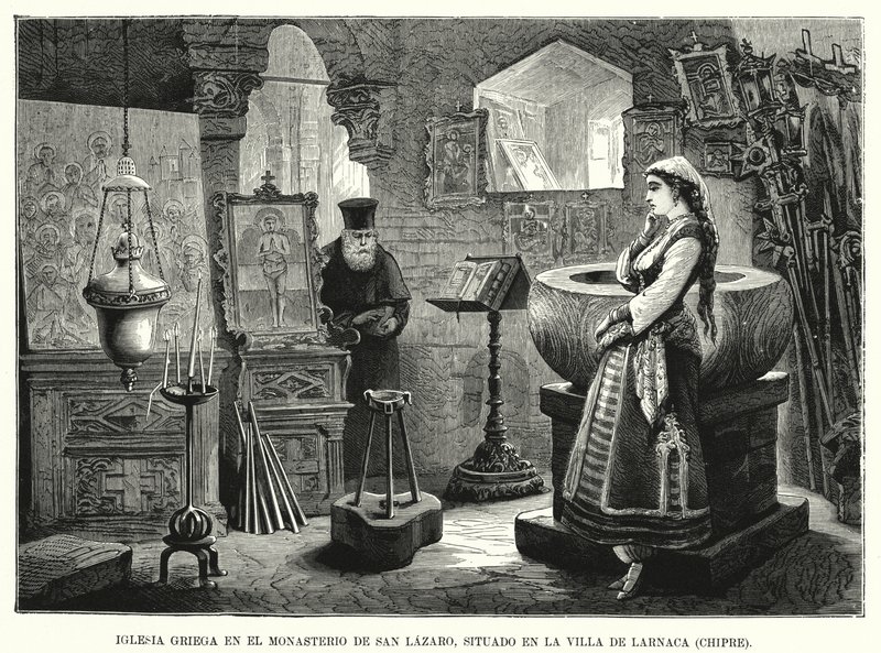 Grekisk-ortodoxa kyrkan i klostret St Lazarus, Larnaca, Cypern (litho) av Spanish School