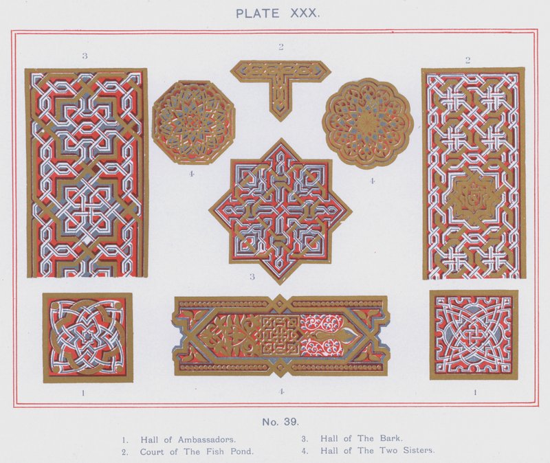 Hall of Ambassadors, Court of The Fish Pond, Hall of The Bark, Hall of The Two Sisters (färg litho) av Spanish School