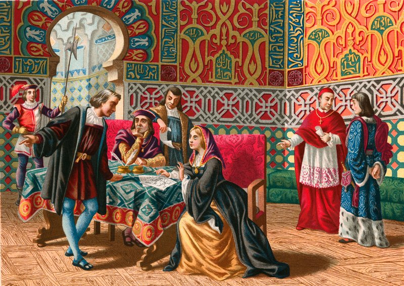 Möte mellan Columbus och Ferdinand och Isabel innan upptäcktsfärden av Spanish School