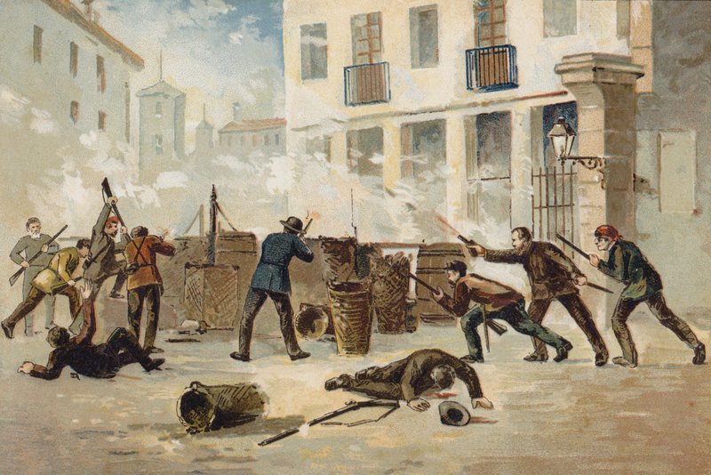 Medlemmar av den nationella milisen i Valencia vägrar att avväpna, Spanien, 1873 av Spanish School