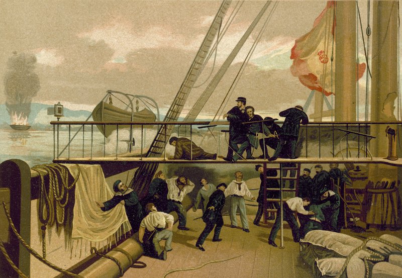 Mendez Nunez skadades under bombardementet av Callao, Peru, 1866 av Spanish School