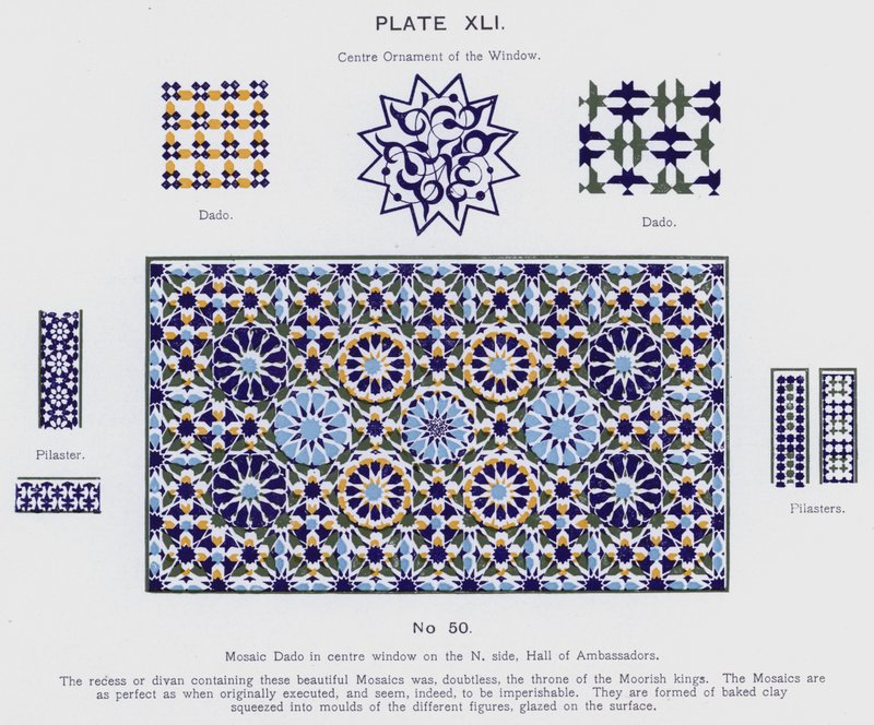 Mosaik Dado i mittfönstret på norra sidan, Hall of Ambassadors (färg litho) av Spanish School