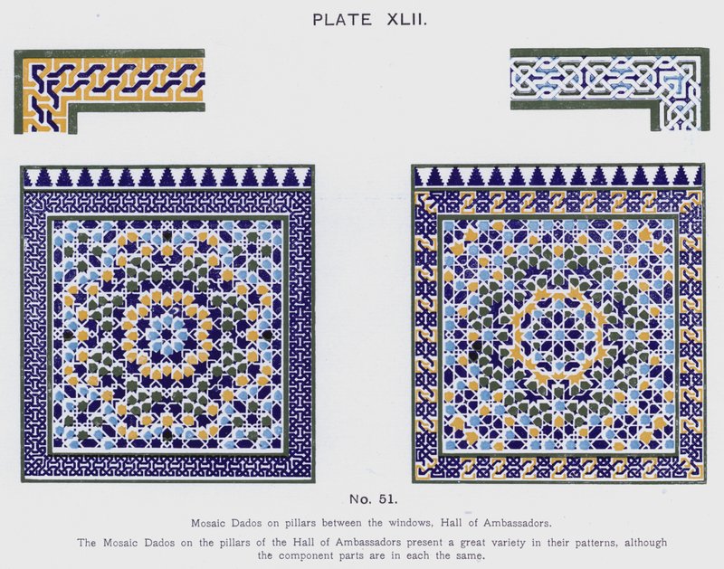 Mosaik Dados på pelare mellan fönstren, Hall of Ambassadors (färg litho) av Spanish School