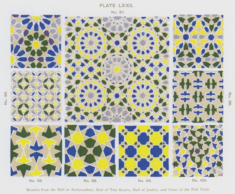 Mosaik från Hall of Ambassadors, Hall of Two Sisters, Hall of Justice och Court of the Fish Pond (färg litho) av Spanish School