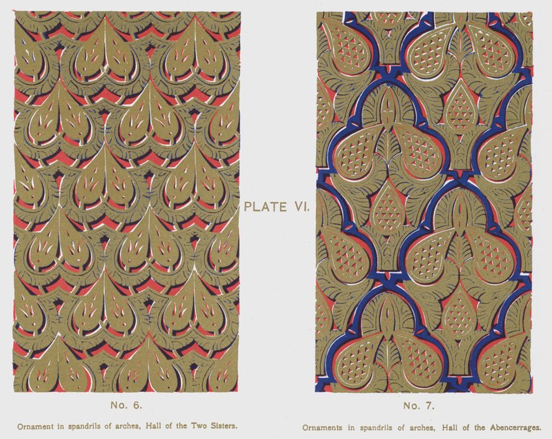 Prydnad i valvbågar, Hall of the Two Sisters, Ornament i spandrills av bågar, Hall of the Abencerrajes (färg litho) av Spanish School