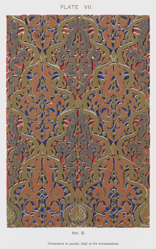 Ornament i paneler, Hall of the Ambassadors (färg litho) av Spanish School