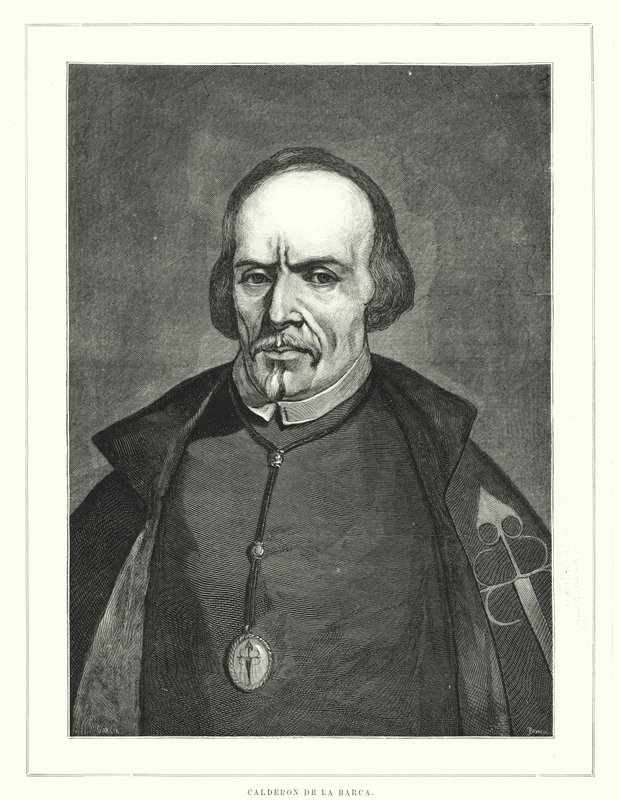 Pedro Calderon de la Barca, spansk soldat, präst och författare (litho) av Spanish School