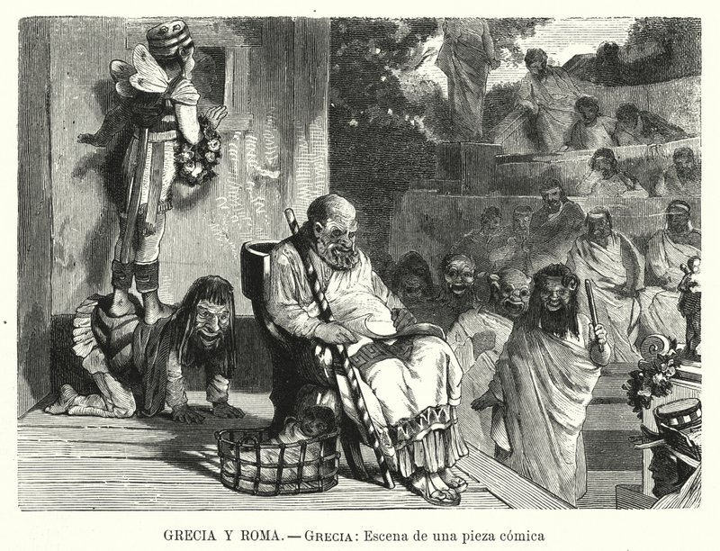 Föreställning av en komedi på en teater i antikens Grekland (litho) av Spanish School