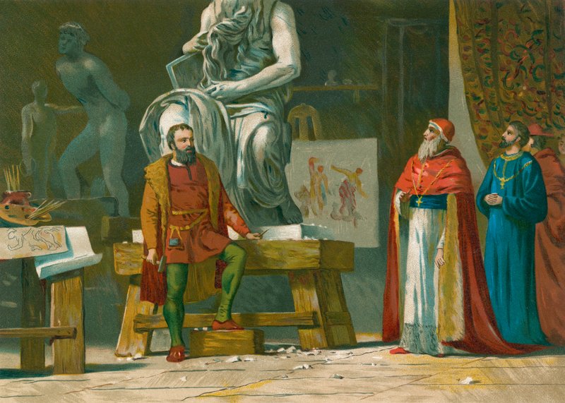 Påven Julius II besöker Michelangelos verkstad av Spanish School