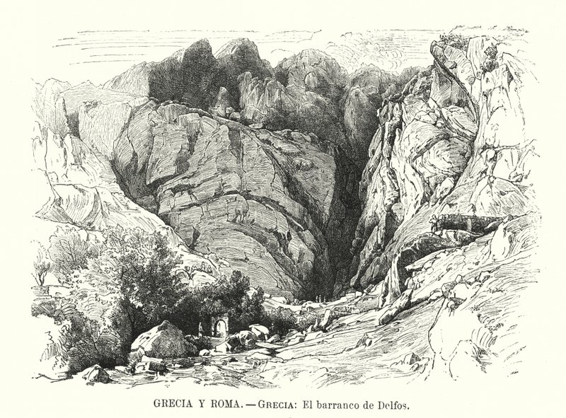 Ravinen i Delphi, Grekland (litho) av Spanish School