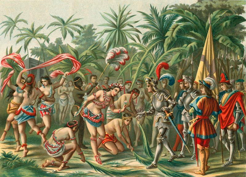Mottagning från Anacaona, kallad Golden Flower, på Hispaniola för Bartholomew Columbus och Hermano del Almirante av Spanish School