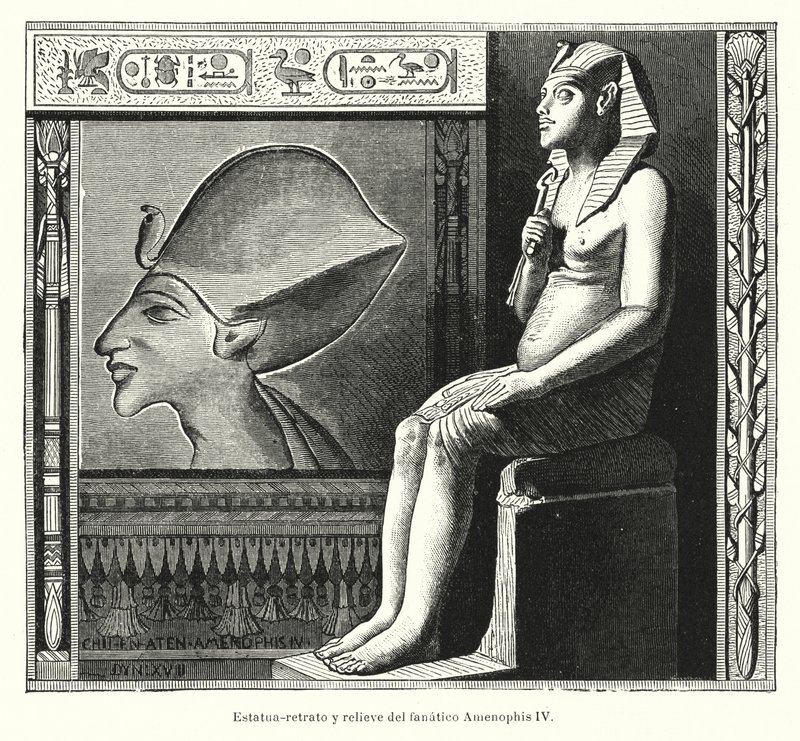 Sittande staty och relief av den fornegyptiske farao Akhenaton (Amenhotep IV) (litho) av Spanish School