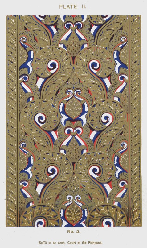 Soffit av en båge, Court of the Fishpond (färg litho) av Spanish School