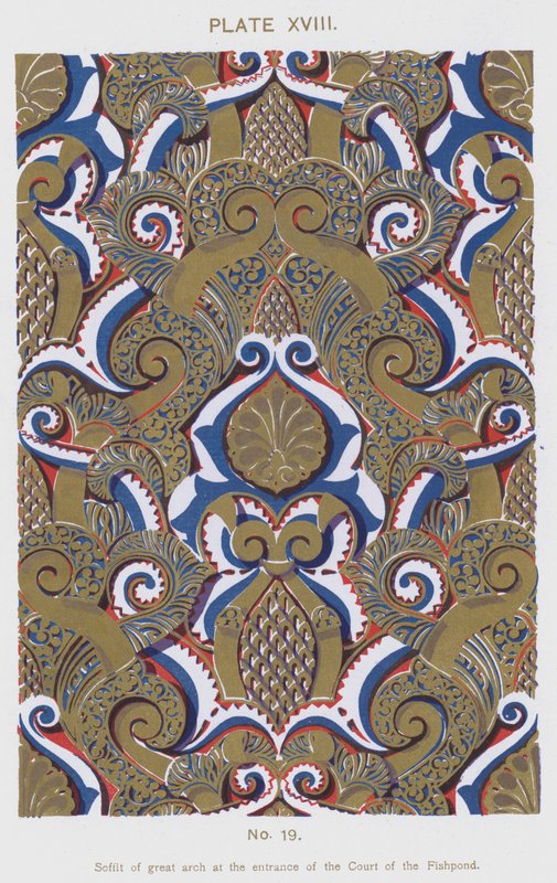 Soffit av stor båge vid ingången till Court of the Fishpond (färg litho) av Spanish School