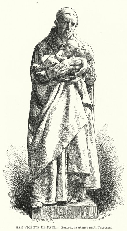 St Vincent de Paul, fransk katolsk präst, marmorstaty av Jean Alexandre Joseph Falguiere (litho) av Spanish School