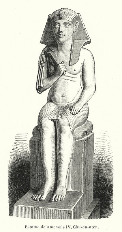 Staty av den forntida egyptiske farao Amenhotep IV (Akhenaten) (litho) av Spanish School