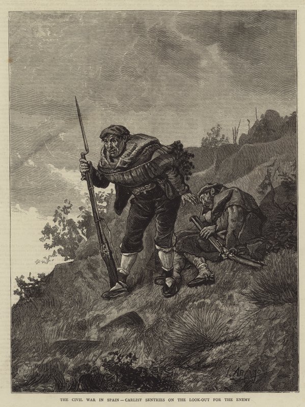 Inbördeskriget i Spanien, Carlist Sentries på jakt efter fienden (gravyr) av Spanish School