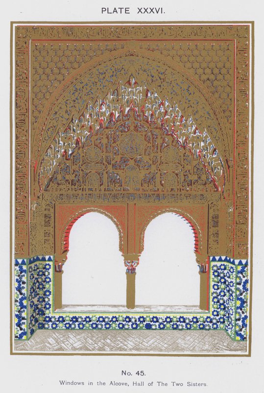 Fönster i alkoven, Hall of The Two Sisters (färg litho) av Spanish School