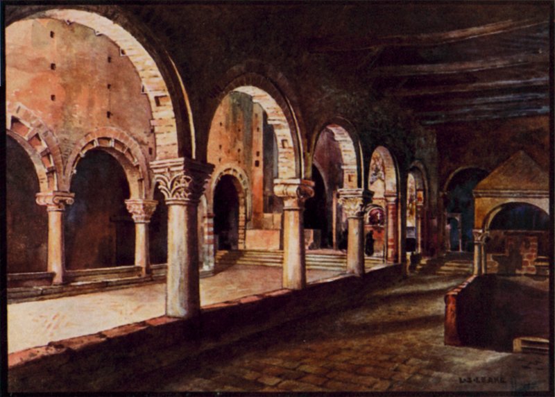 Italienska katedraler: Toscanella, utsikt över långhuset i San Pietro (färg litho) av Stafford Leake