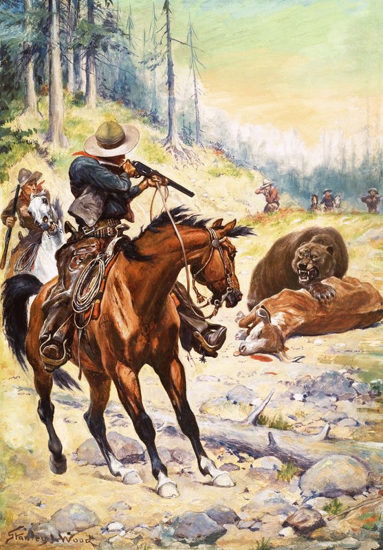 Amerikanska cowboys omger en björn hukande över kroppen på en ko av Stanley L. Wood