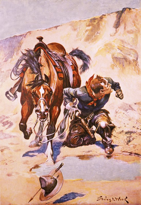 Cowboy förföljd av indianer. av Stanley L. Wood