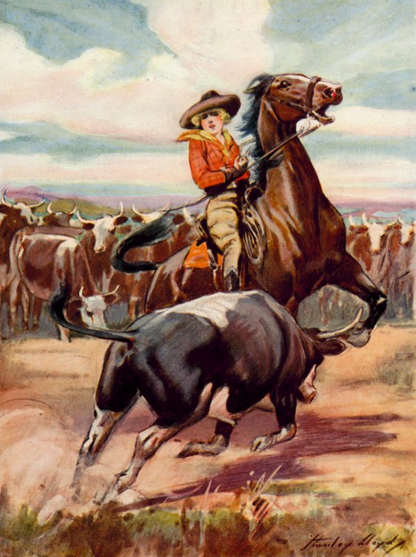 Scen från At the Mercy of Brigands: en cowgirl på hästryggen blir attackerad av en stor tjur (färglitografi) av Stanley Lloyd