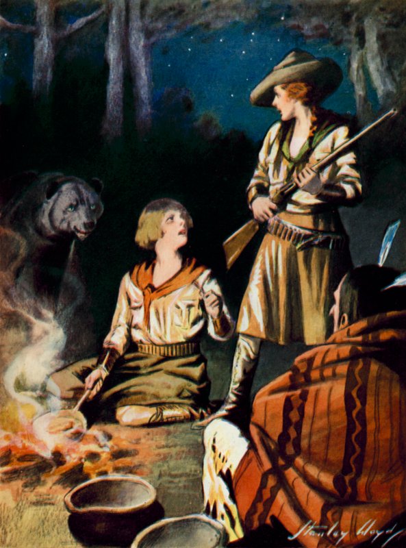 Scen från The Gratitude of Great Bear: en björn närmar sig en lägereld (färglitografi) av Stanley Lloyd