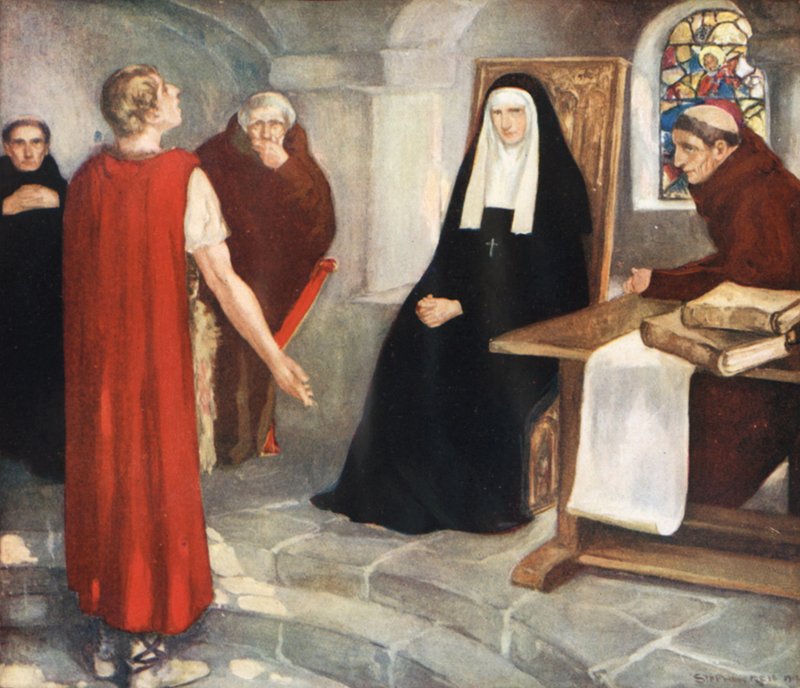 Caedmon före Saint Hilda (färg litho) av Stephen Reid