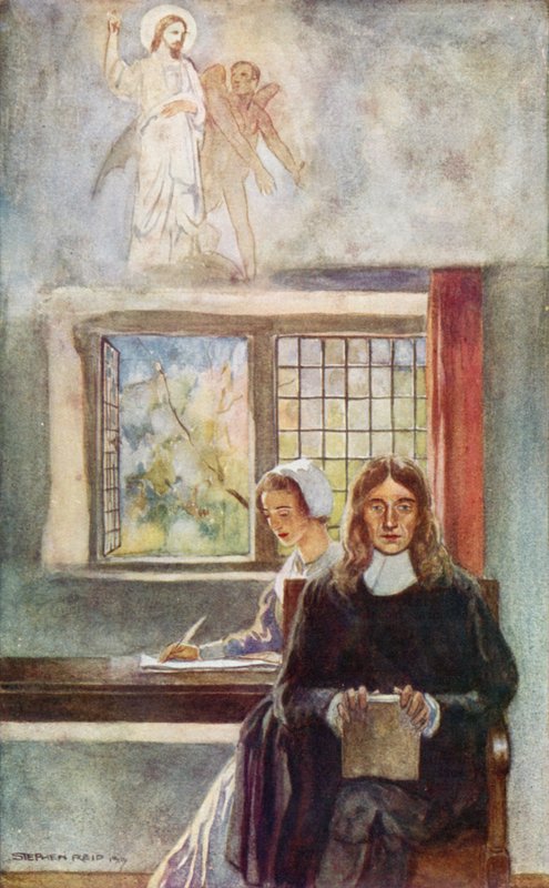 John Milton dikterar Paradise Lost till sin dotter (färg litho) av Stephen Reid