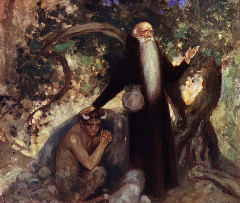 Sankt Antonius och Satyren (färg litho) av Stephen Reid