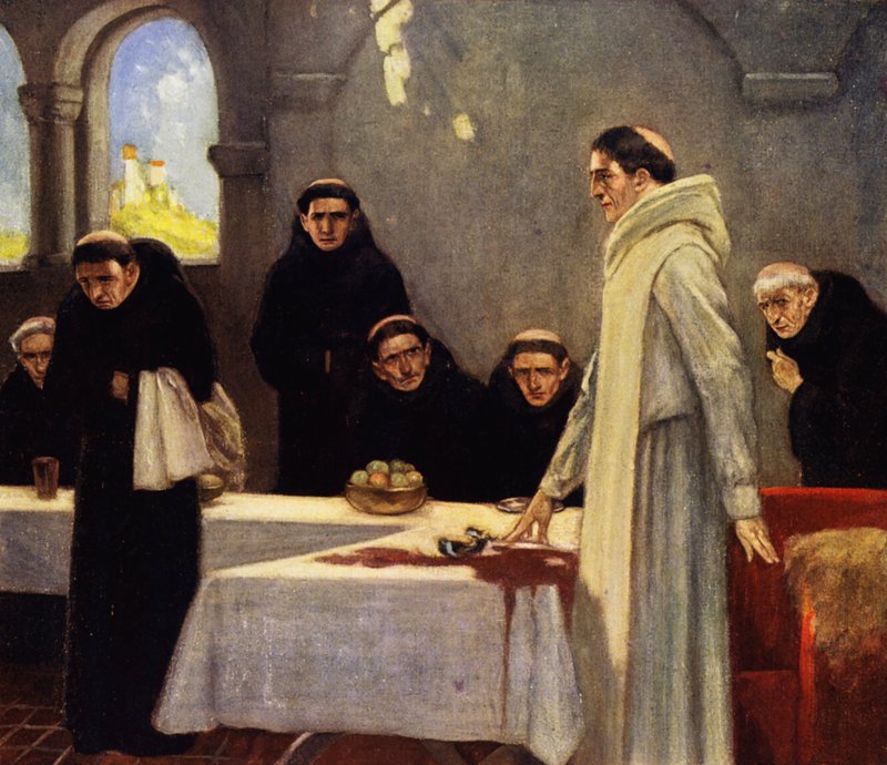 Sankt Benedictus och munkarna (färg litho) av Stephen Reid